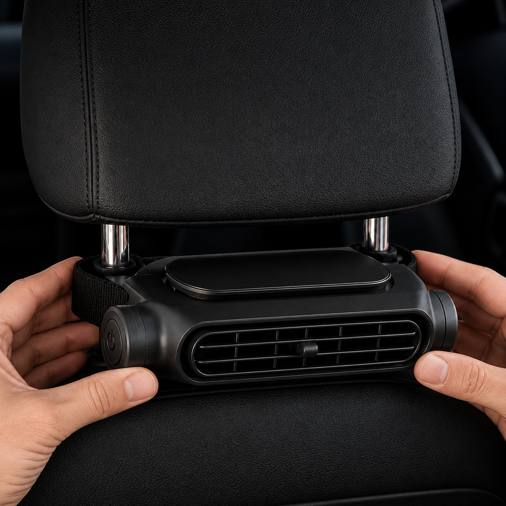 Step one: the strap looped around a headrest post