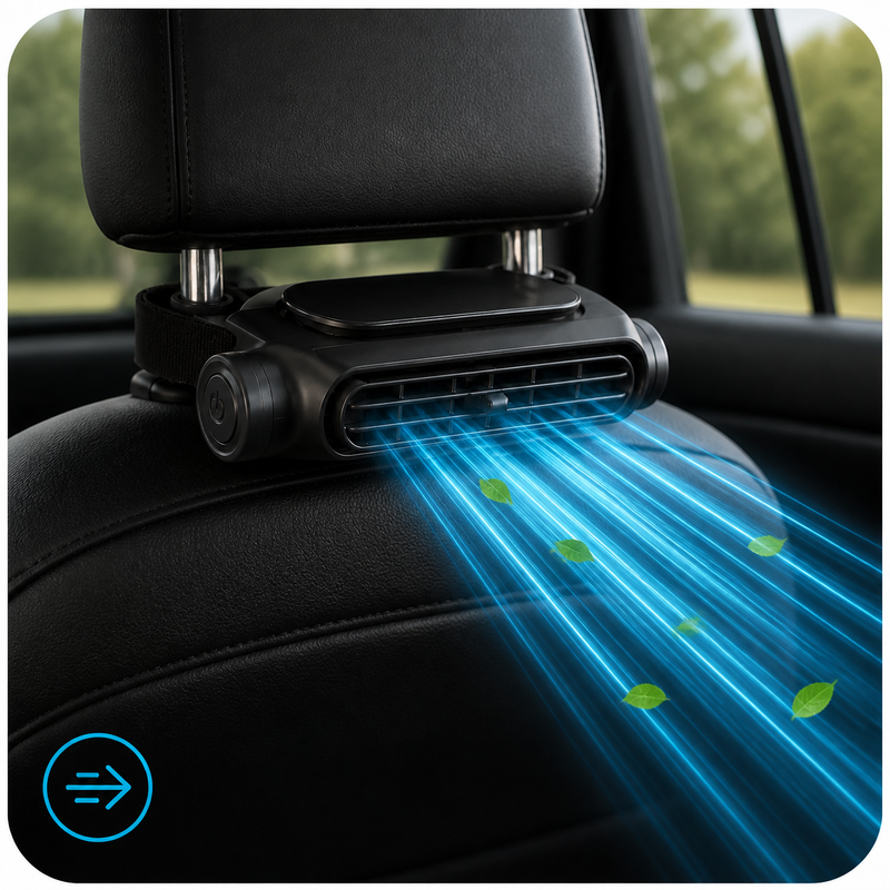 NivoDrive on a headrest, directing airflow into the back seat