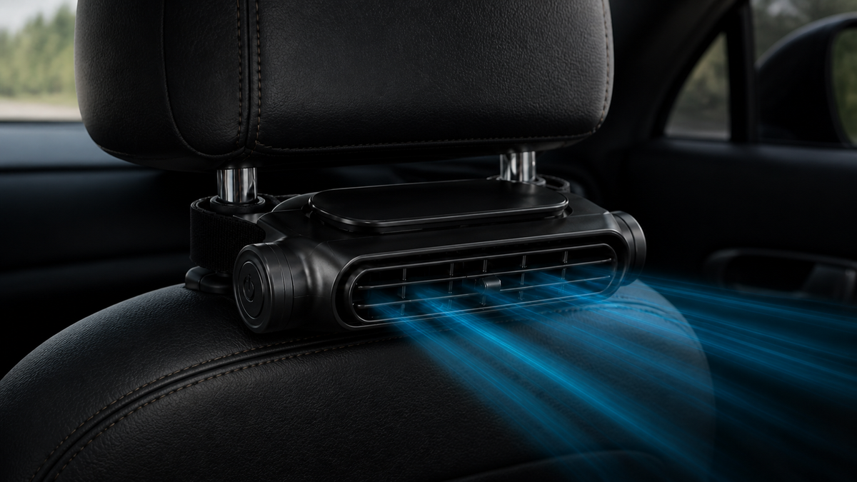 The same back seat with NivoDrive mounted on the headrest, moving air