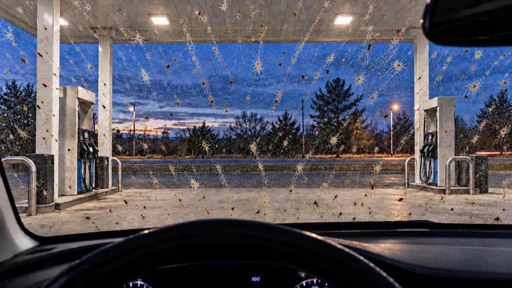 Windshield with bug residue, before cleaning