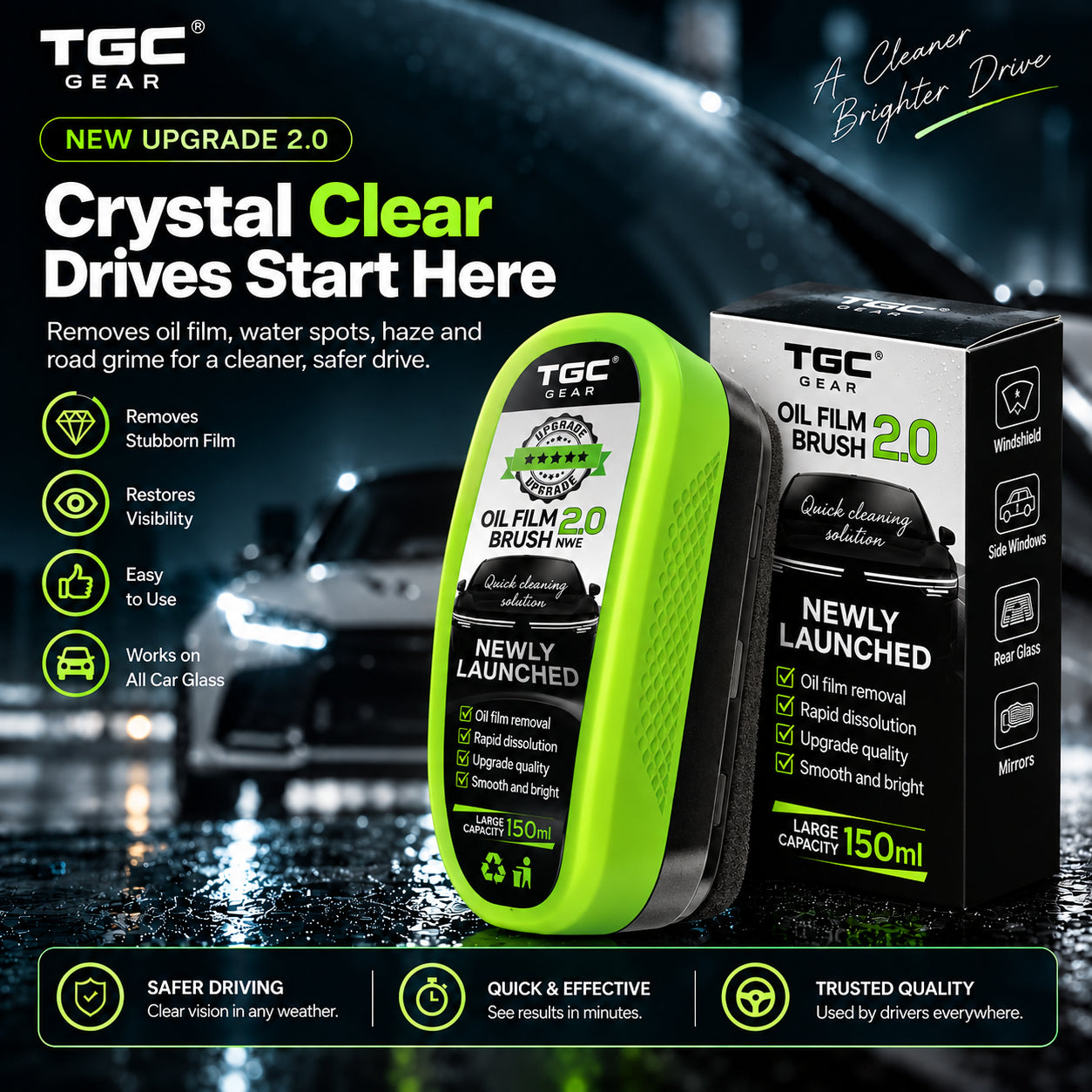 TGC Gear Crystal Clear Oil Film Brush 2.0 in a bright lime green and black plastic case, shown next to its black retail box on a dark, wet road background with promotional text overlays.